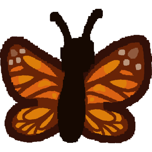 A pixelated style drawing of a simplistic monarch butterfly, it's body is a dark brown color while its wings are orange with a simplified pattern of a monarch butterfly's wing